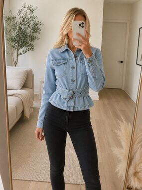 NWT Light Wash Belted Jean Jacket Peplum Small